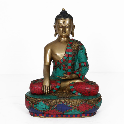 Brass Buddha with Gems stone inlay of 12 inch 
