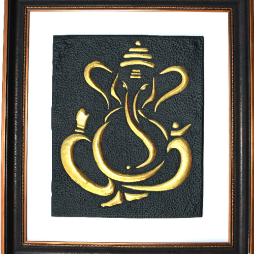 Brass impose Ganesh  (10 inc X 12 inch)  with Frame (18 inch x 17 inch) white background 