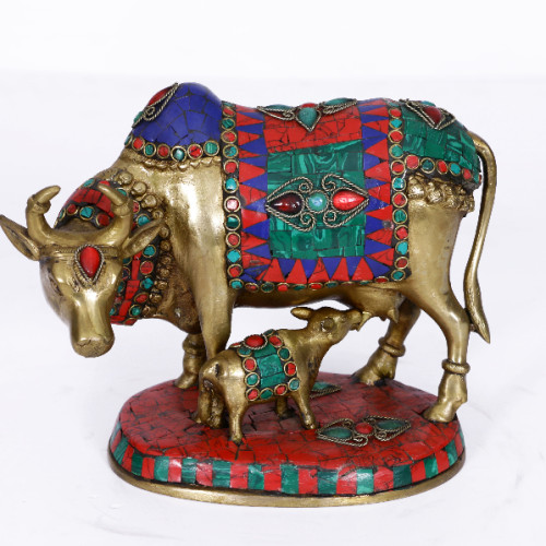 Brass Kamadhenu with Gems inlay work 