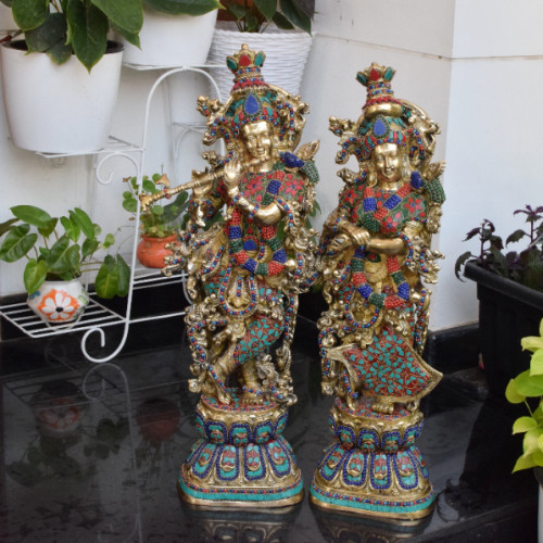 BRASS RADHA KRISHNA WITH INLAY OF GEMS STONE 30 INCH SIZE 16 KG  EACH