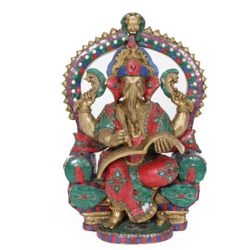 Ganesh Brass and inlay of gems stone with prabha 18 inch 