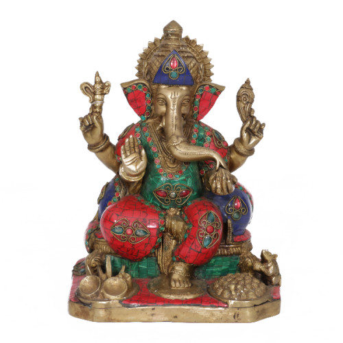 Grass Ganesh gems inlay work 12 inch 