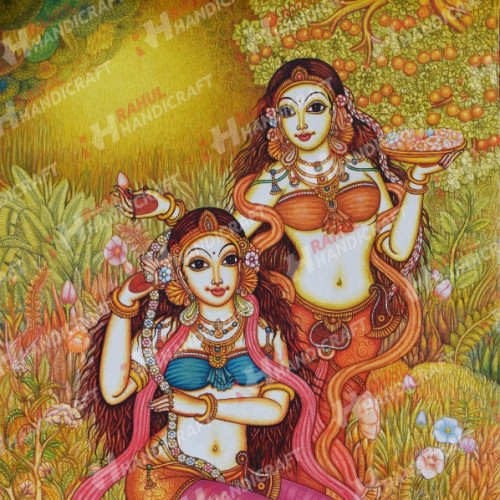 Kerala Mural Painting 3 ft X 2 ft Flower with Lady  in Canvas with acrylic
