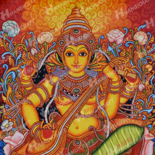 Kerala Mural Painting 3 ft X 2 ft Goddess Sarswathi  in Canvas with acrylic