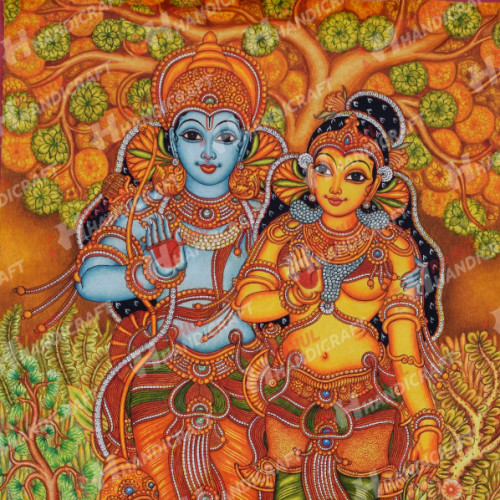 Kerala Mural Painting 3 ft X 2 ft Sree Ram, Setha Davi, & Sree Hanuman in Canvas with acrylic  