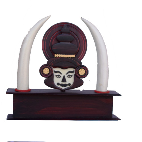 Kerala traditional kadakali face with two elephant wooden tusK attached with base 