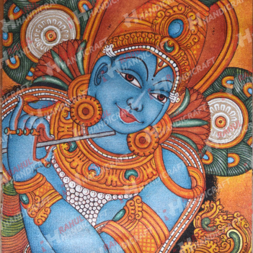 KRISHNA MURAL 16 INCH HEIGHT X 12 INCH WIDTH  PAINTED BY ARTIST SAJI ORGIANL CANVAS AND ACRYLIC COLOUR
