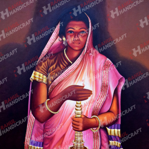 Lamp Lady 5ft X 4ft in canvas with thanjoor 24 cr gold foil painting with teak wood fraim 