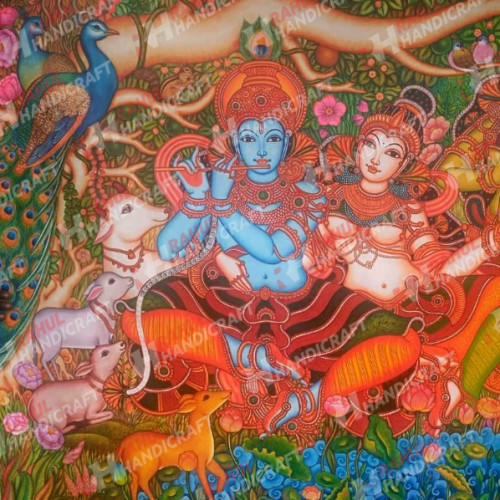 MURAL RADHA KRISHNA 5 FT X 4 FT ARTIST SAJI HAND PAINTED IN CANVAS ORIGINAL 