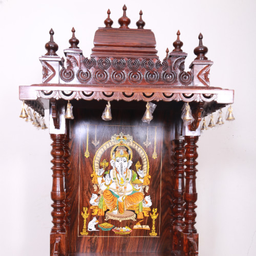 Rose wood Pooja Mandir 52 inch height (pillor hight 18 inch width 24 inch ) with brass bell and top light also attached 