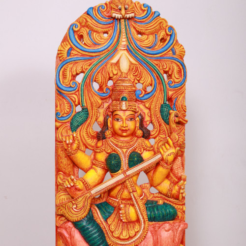 Sarswathi Mural Painted in wood 36 inch 