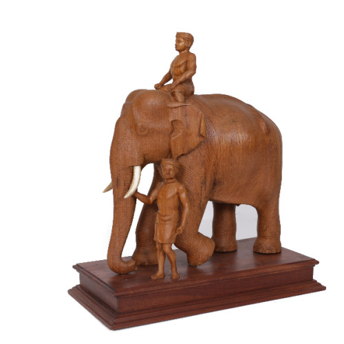 Teak wood Elephant and two man 16 inch