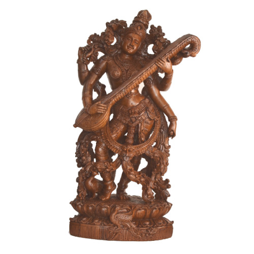 TEAK WOOD STANDING SARSWATHI CURVED BY SADASHIVAN FOR RAHUL HANDICRAFTS (HEIGHT 26 INCH X WIDTH 12 INCH X DEPTH 7 INCH ) 