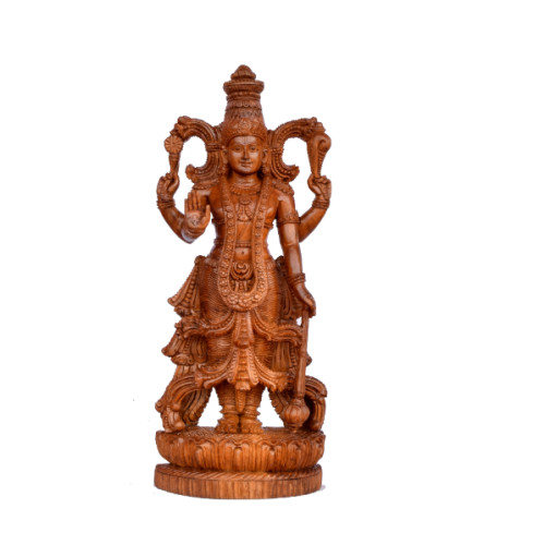 TEAK WOOD VISHNU BRASS MODEL WITH DETAILED CURVING 18 INCH HEIGHT X 7 INCH WIDTH X 4 INCH DEPTH 