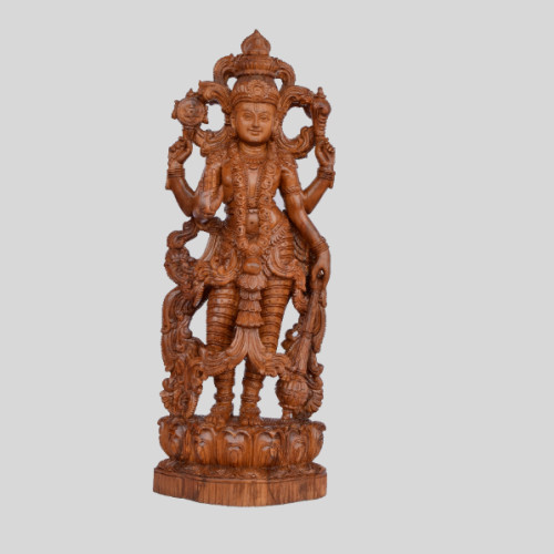 Teak wood Vishnu with detailed curved statue with the size of 18 inch height x 8 inch width x  5 inch depth 