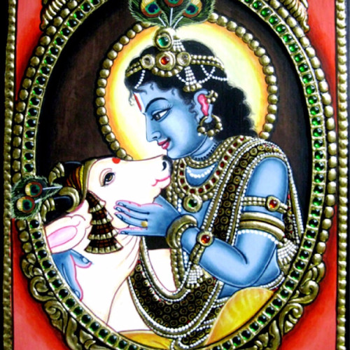 Thanjavur painting Krishna and Cow