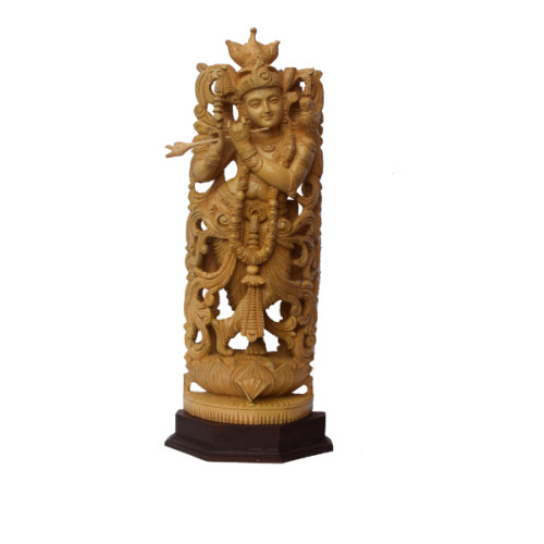 White wood 20 inch Krishna (with base 23 inch (H) X 7 inch (W) X 5 inch (D)