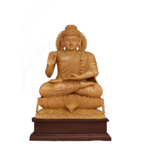 White wood Buddha 21 inch (height actual) with base 24 inch ( height ) X 17 inch (width ) X 8 inch depth 
