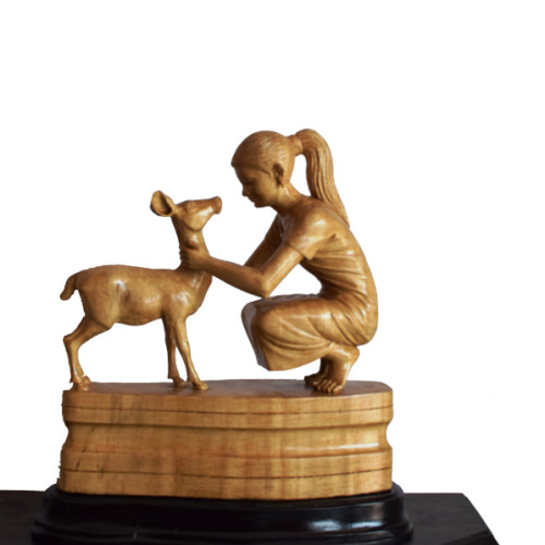 White wood Girl and Deer Hand made craft 10 inch 
