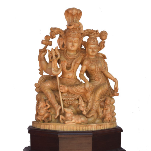 WHITE WOOD SHIVA PARWATHI STATUE WITH GANESH AND KARTHIKAYA 24 INCH 